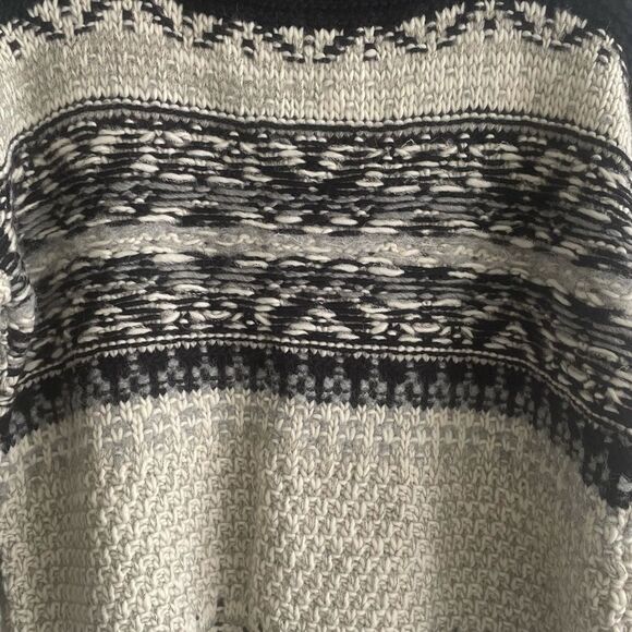 hand Knit Jacquard Link Chunky Knit Boat Neck Long Sleeve Sweater Ecru Black S - Picture 7 of 10